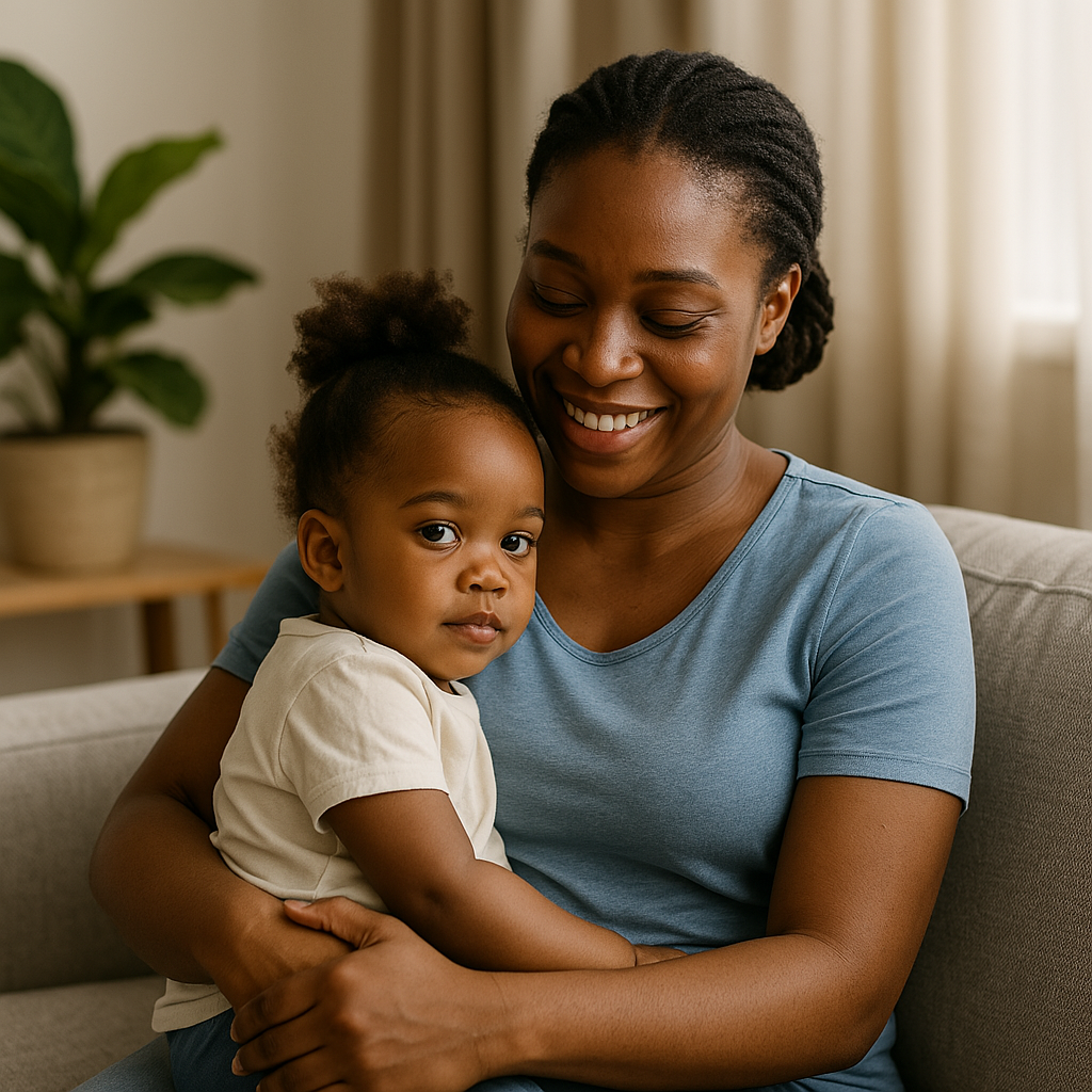 African mother with child at home