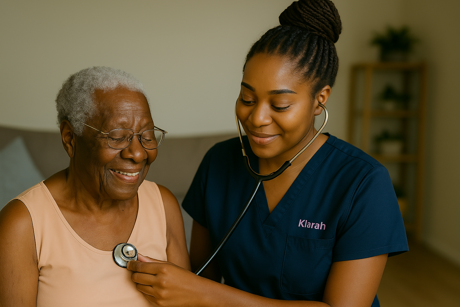 Klarah nurse providing healthcare to elderly patient